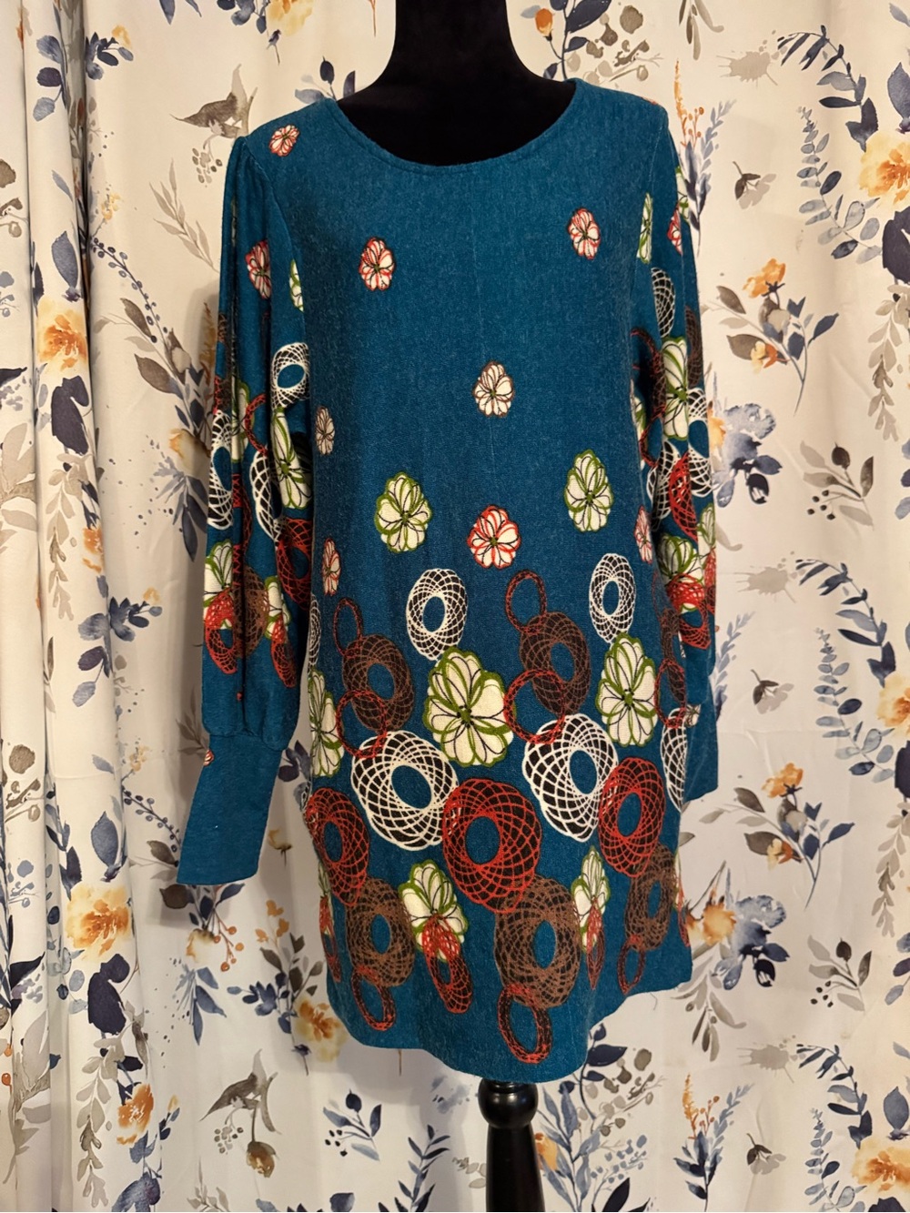 Teal Long Sleeve Floral & Circle Print Tunic B 1